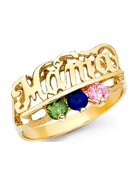 CZ Mama Ring Solid 14k Yellow Gold Band Mothers Day Multi Color CZ Three Stone Stylish Fancy, Size 5