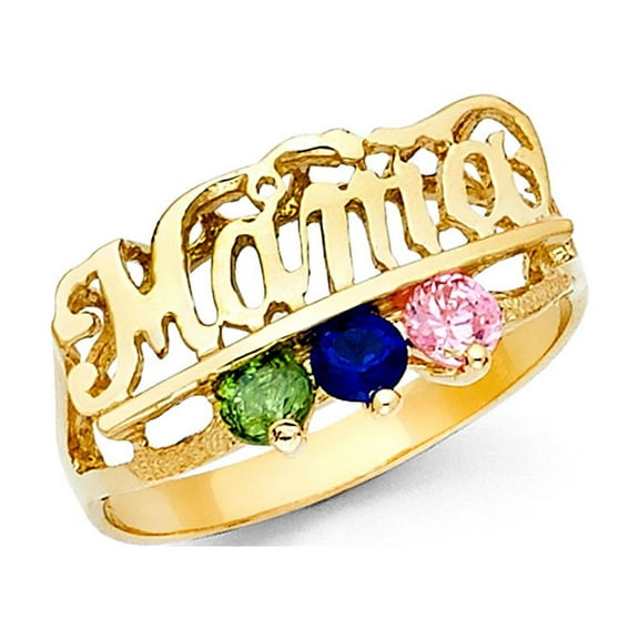 CZ Mama Ring Solid 14k Yellow Gold Band Mothers Day Multi Color CZ Three Stone Stylish Fancy, Size 7
