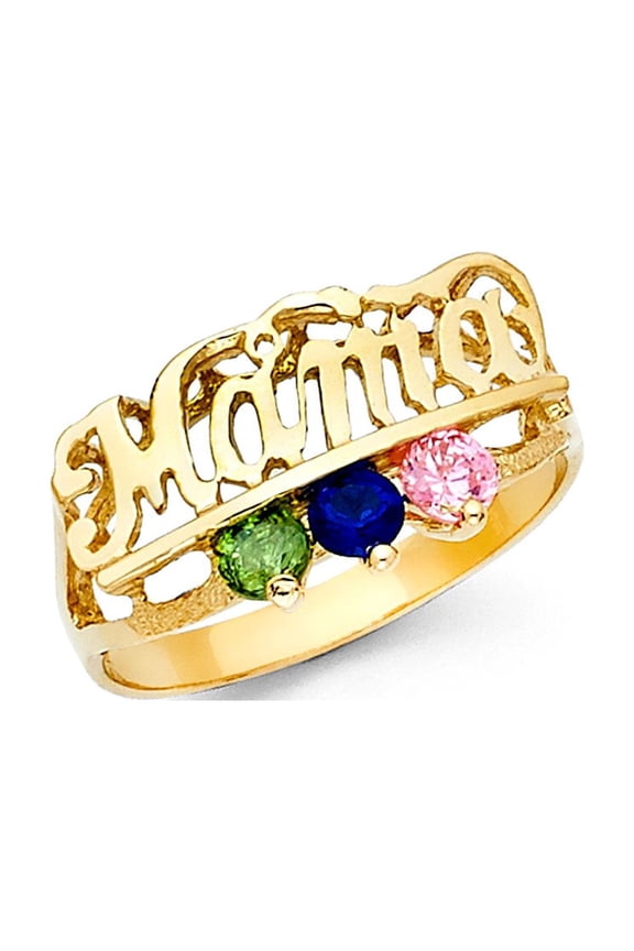 CZ Mama Ring Solid 14k Yellow Gold Band Mothers Day Multi Color CZ Three Stone Stylish Fancy, Size 7
