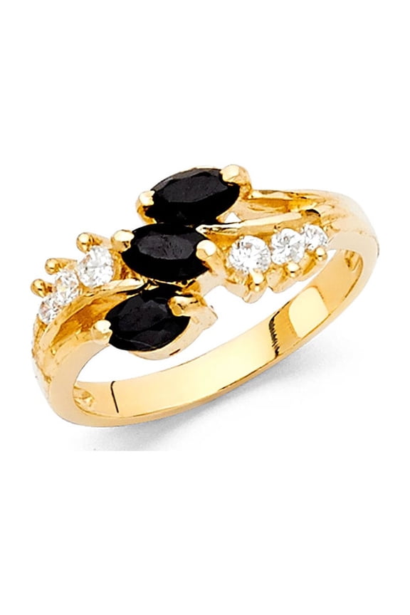 CZ Marquise Cocktail Ring Solid 14k Yellow Gold Black CZ Leaf Band Style Polished Finish Fancy, Size 7
