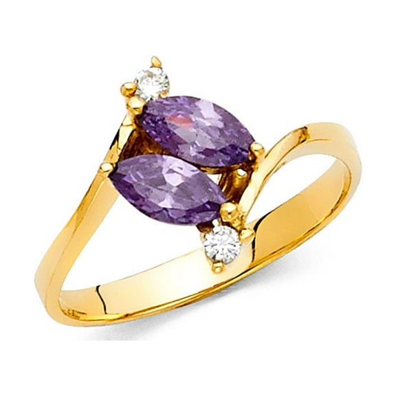 CZ Marquise Cocktail Ring Solid 14k Yellow Gold Purple CZ Leaf Band Style Polished Finish Fancy, Size 7