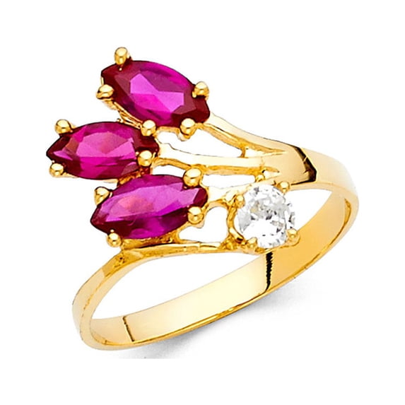 CZ Marquise Cocktail Ring Solid 14k Yellow Gold Red CZ Leaf Band Stylish Polished Finish Fancy, Size 7