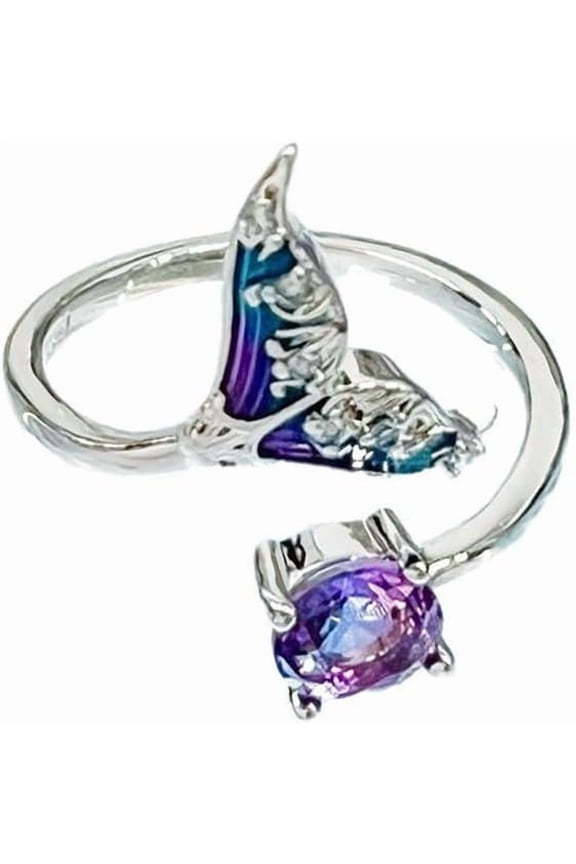 CZ Mermaid Tail Open Band Ring for Women Silver Plated Enamel Fashion Purple Crystals Adjustable Wrap Finger Rings Comfort Fit Dainty Christmas Wedding Party Jewelry