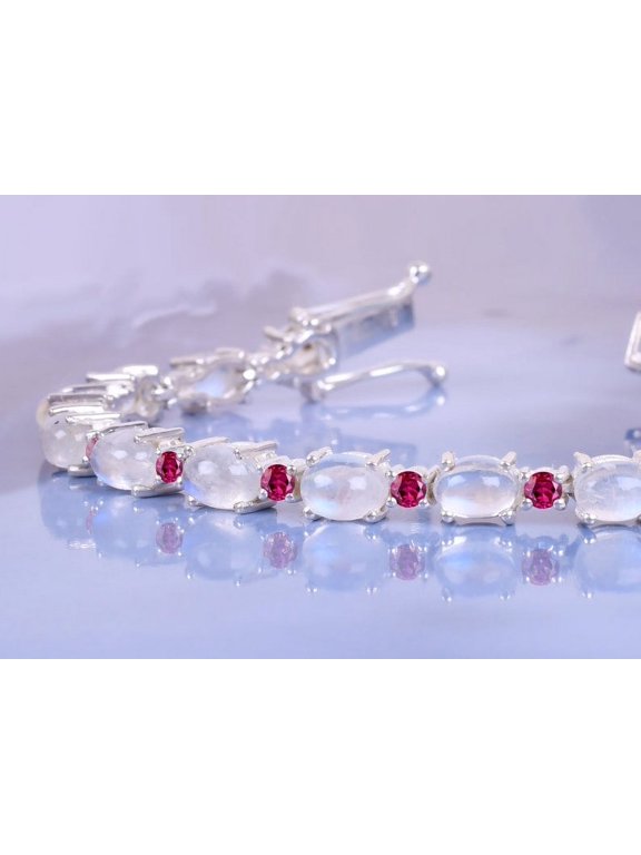 CZ Moonstone Oval&Round Ruby Wedding Bracelet,Bridal Tennis Bracelet,Chain Bracelet Birthstone Jewelry Gift for Her