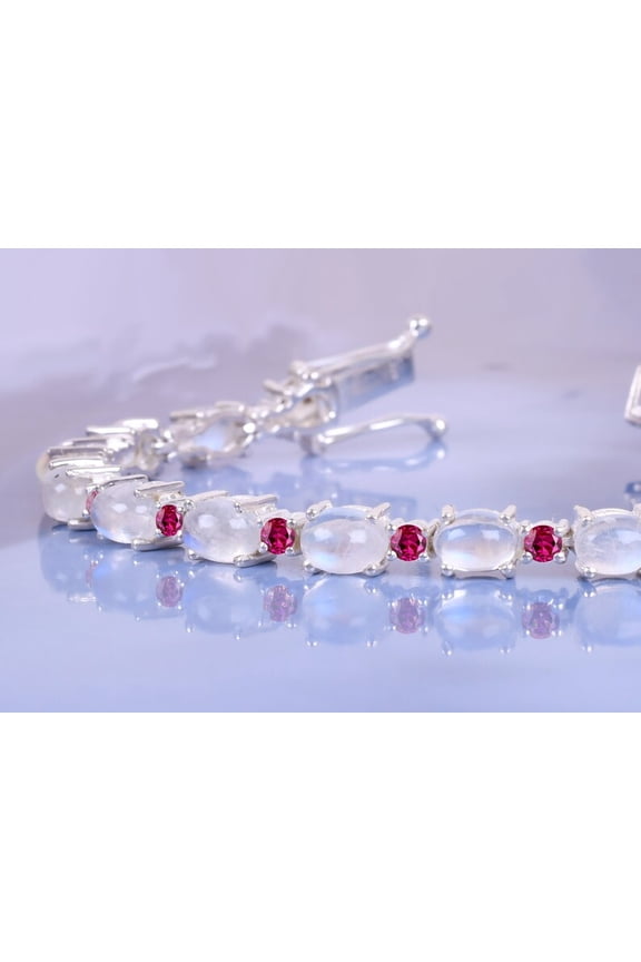 CZ Moonstone Oval&Round Ruby Wedding Bracelet,Bridal Tennis Bracelet,Chain Bracelet Birthstone Jewelry Gift for Her