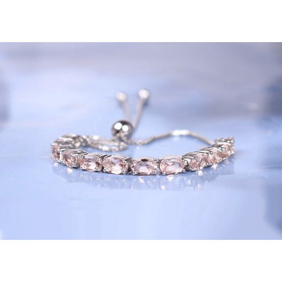 CZ Morganite Chain Tennis Bracelet, Wedding Adjustable Bracelet, Birthday Gift for Daughter, Chain Bracelet