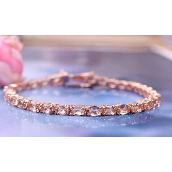 CZ Morganite Tennis Bracelet,CZ Bracelet Vintage Anniversary Gifts,Oval Cut Bracelet,Chain Bracelet Jewelry