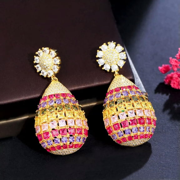 CZ Multicolor Long Dangle Drop Earrings 18k Yellow Gold Plated Chunky CZ Jewelry