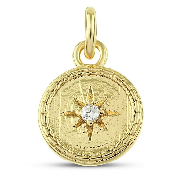 CZ North Star Charm, 15 mm - Yellow Gold Plated Brass Charm with Cubic Zirconia Crystal - Dainty Disc Charm for Bracelet, Necklace - Good Luck Charm for Women