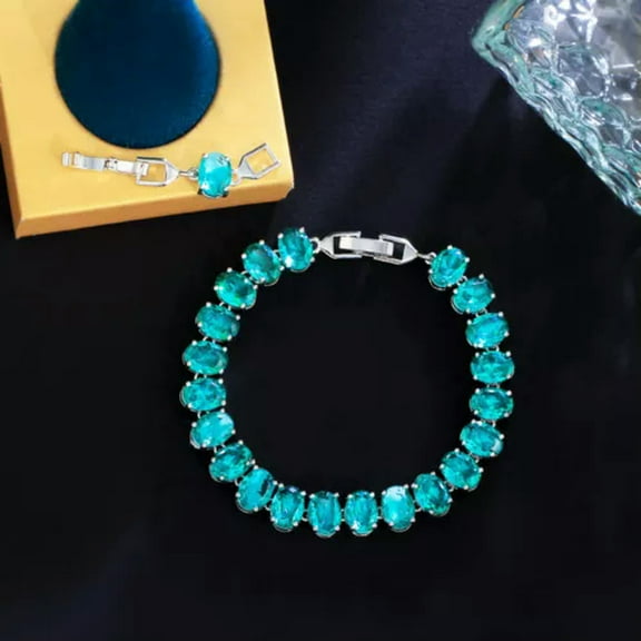 CZ Oval Tennis Chain Link Bracelet Silver Plated Green Cubic Zirconia for Women