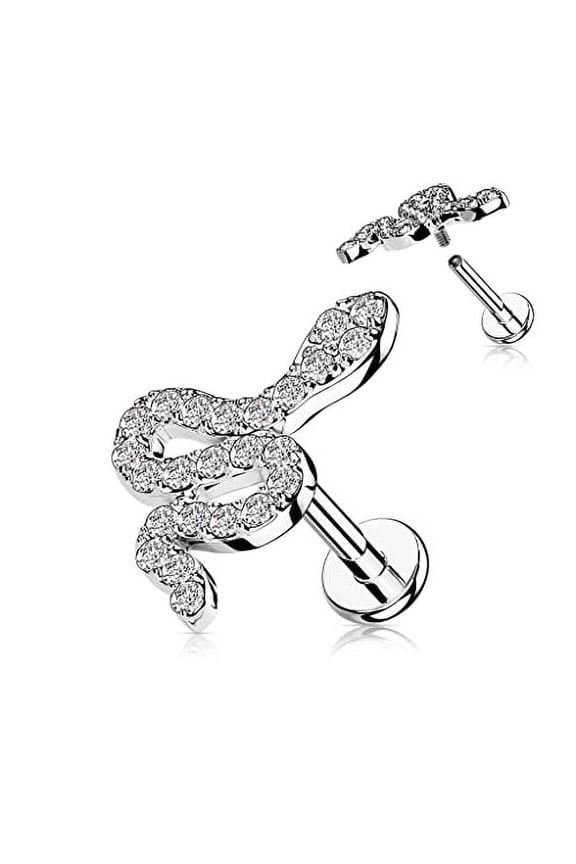 CZ Paved Snake Top on Internally Threaded 316L Surgical Steel Flat Back Stud for Labret, Monroe, Cartilage and More (Silvertone sm)