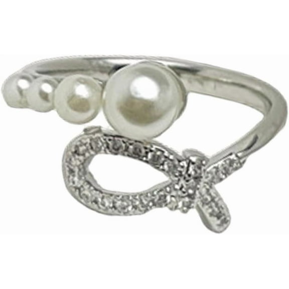 CZ Pearl Knot Open Band Rings for Women Silver Gold-Toned Cubic Zirconia Shell Pearls Beaded Bowknot Adjustable Wrap Finger Ring Comfort Fit Wedding Engagement Jewelry