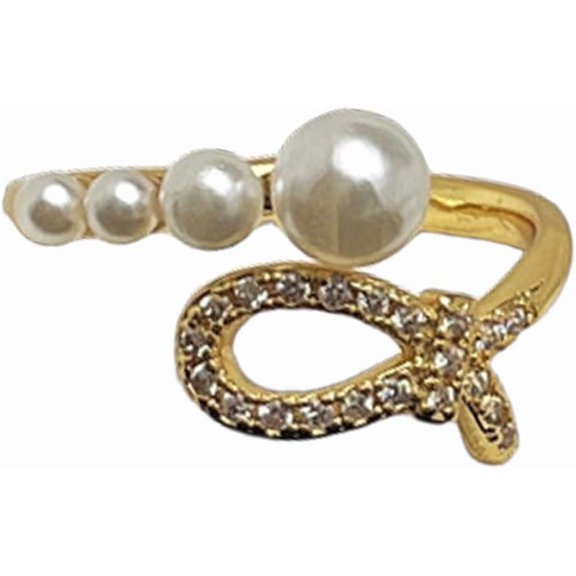CZ Pearl Knot Open Band Rings for Women Silver Gold-Toned Cubic Zirconia Shell Pearls Beaded Bowknot Adjustable Wrap Finger Ring Comfort Fit Wedding Engagement Jewelry