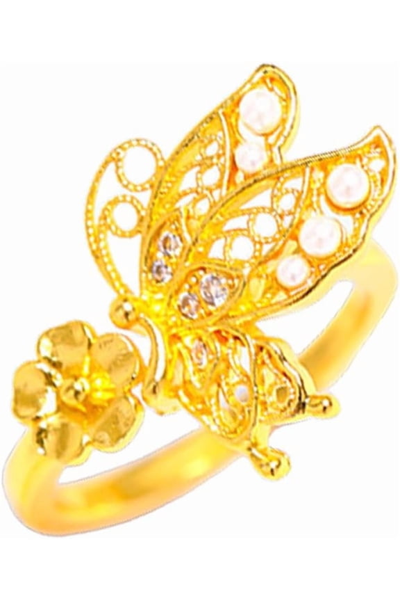 CZ Pearls Flower Butterfly Statement Rings for Women Gold-Toned Cubic Zirconia Shell Pearls Beaded Floral Animal Open Band Wrap Ring Adjustable Stacking Comfort Fit Wedding Holiday Jewelry