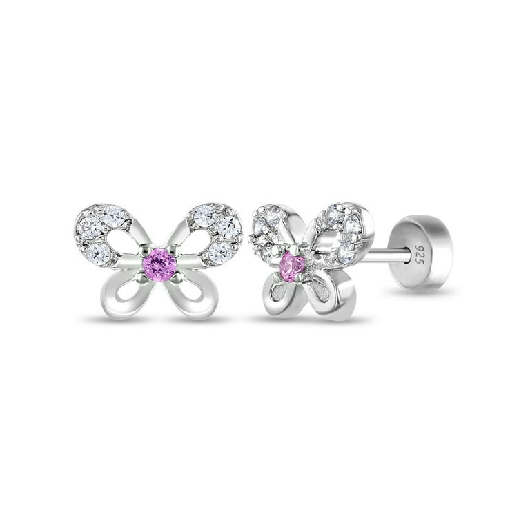 CZ Petite Butterfly Baby / Kids Earrings Safety Push Back - Sterling Silver