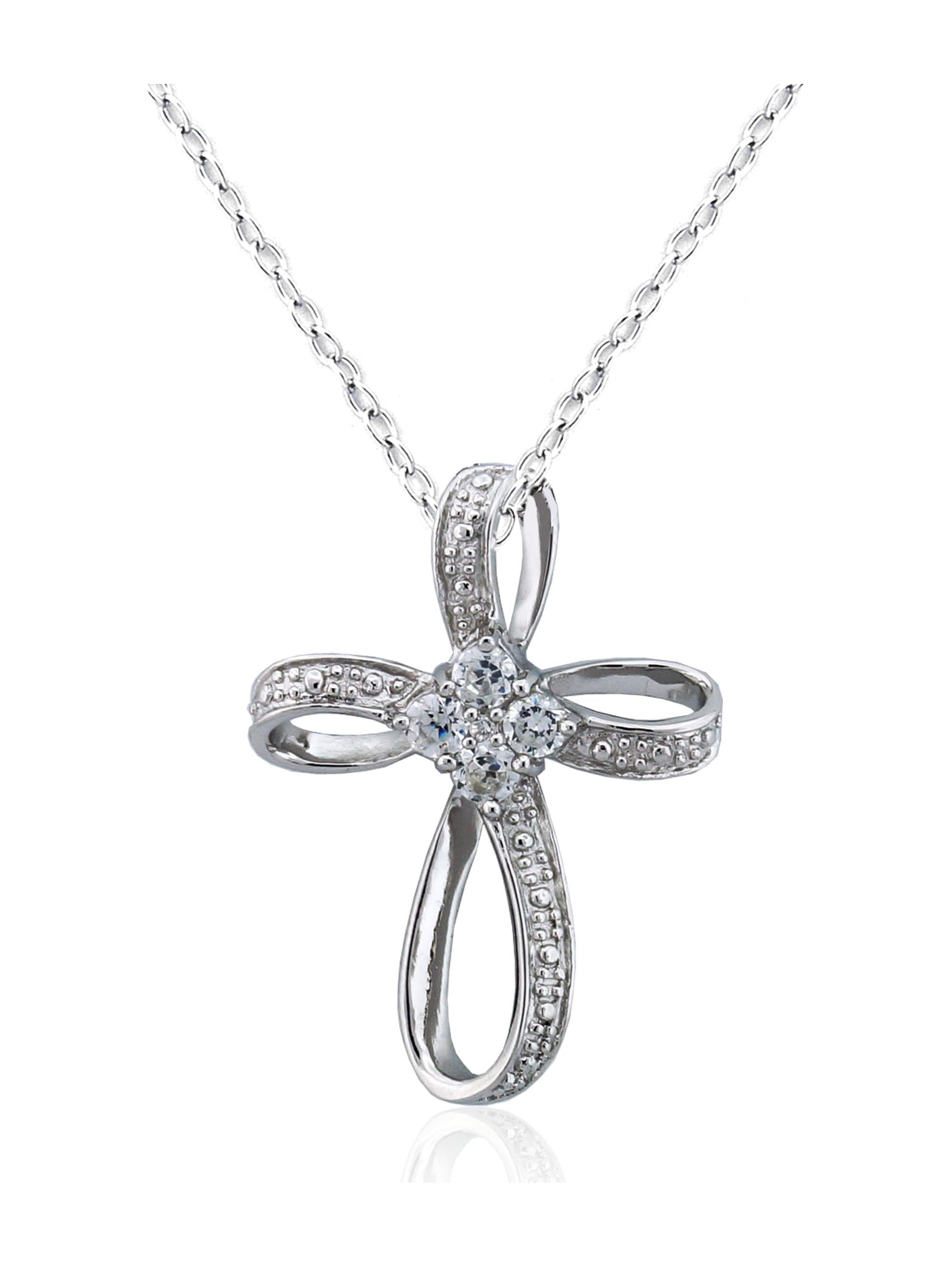 CZ Platinum-Plated Sterling Silver Curved Cross Pendant, 18