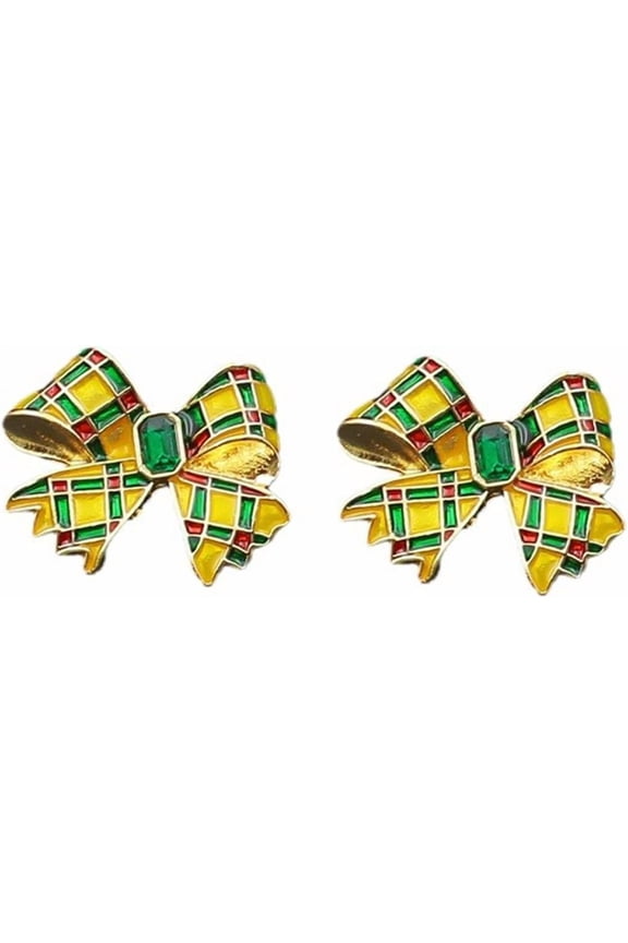 CZ Princess Cut Bowknot Stud Earrings for Women Gold-Toned Cubic Zirconia Red Green Checker Bow Studs Earring Small Cartilage Tragus Piercing Vintage Halloween Christmas Jewelry