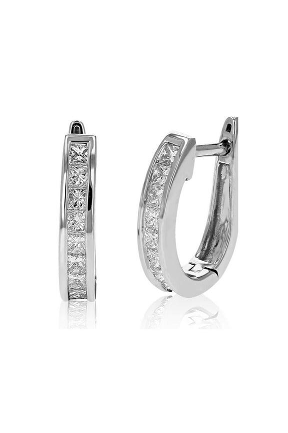 CZ Princess Cut Channel Set White Gold Plated 925 Sterling Silver Men Women Huggie Hoop Earrings