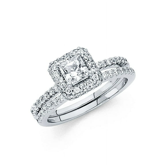 CZ Princess Halo Engagement Ring & Wedding Band 14k White Gold CZ Bridal Rings Set Side Stones Size 5.5