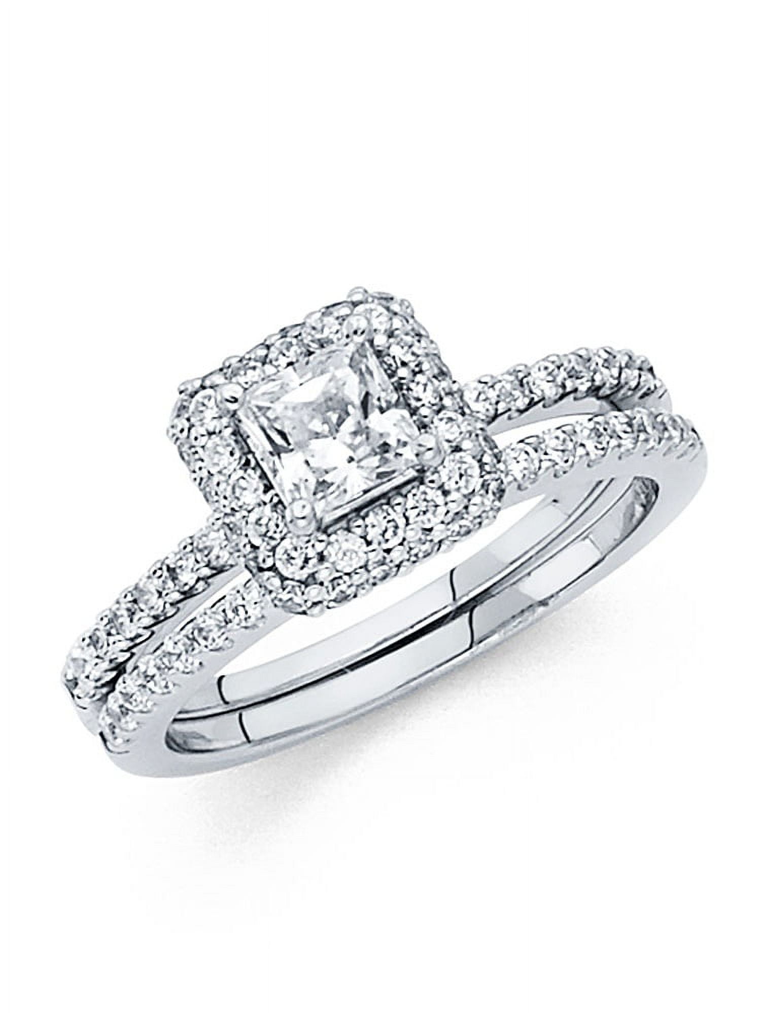 CZ Princess Halo Engagement Ring Wedding Band 14k White Gold CZ Bridal Rings Set Side Stones Size 8.5