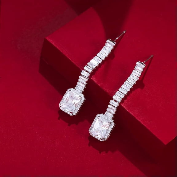 CZ Professional Earrings Long Baguette Square Drop Silver Plated Cubic Zircon Pageant Jewelry[k563]