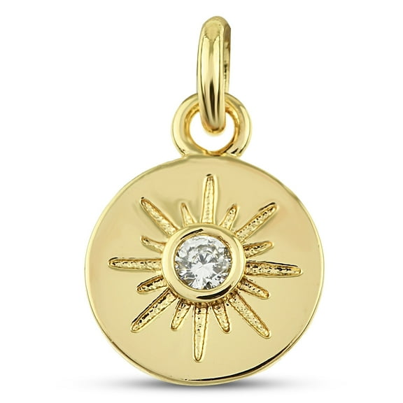 CZ Radiant Sun Charm, 15 mm - Yellow Gold Plated Brass Charm with Cubic Zirconia Stone - Dainty Good Luck Charm for Women and Girls