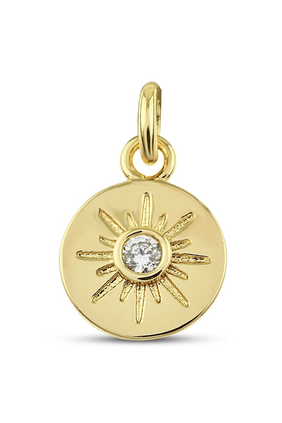 CZ Radiant Sun Charm, 15 mm - Yellow Gold Plated Brass Charm with Cubic Zirconia Stone - Dainty Good Luck Charm for Women and Girls