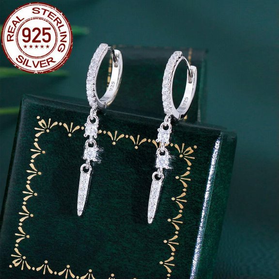CZ Real S925 Sterling Silver Dangle Charm Huggie Hoop Earrings Wedding Jewelry