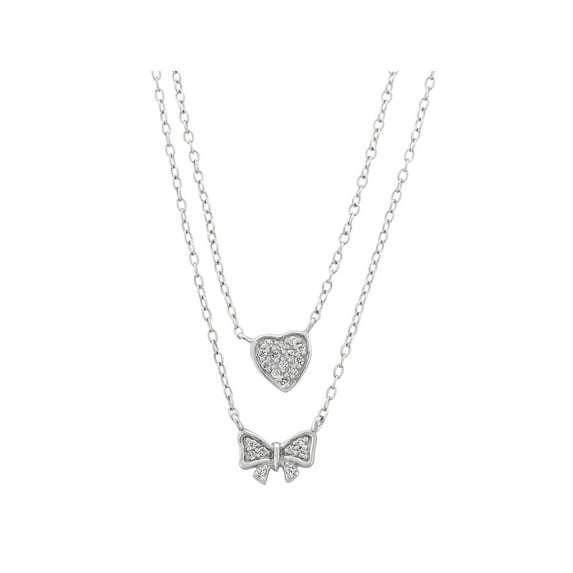 CZ Rhodium over Sterling Silver Double Layered Heart and Bow Necklace, 18"