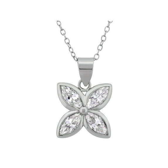 CZ Rhodium over Sterling Silver Flower Pendant, 18"