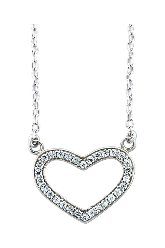 CZ Rhodium over Sterling Silver Open Heart Pendant, 18"