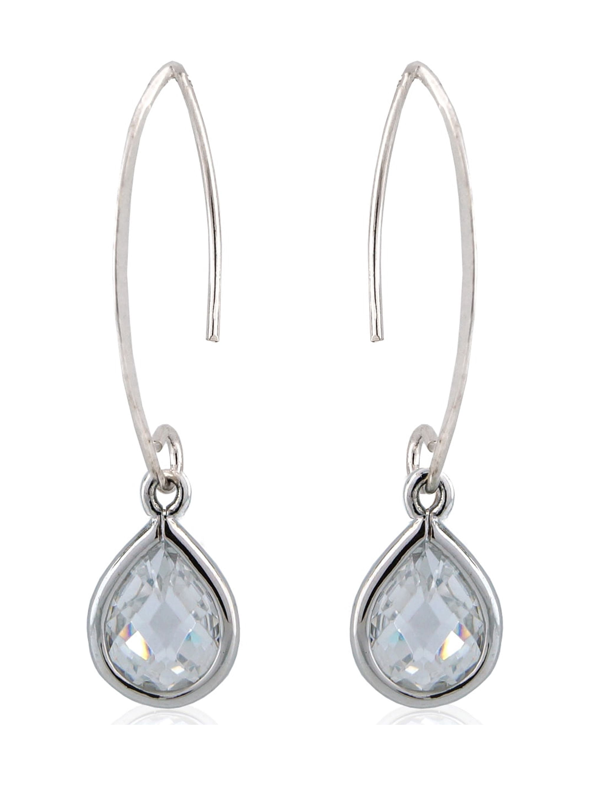 CZ Rhodium over Sterling Silver Pear Bezel Set 1-1/2" Drop Earrings