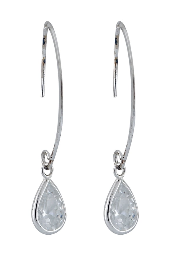 CZ Rhodium over Sterling Silver Pear Bezel Set 1-1/2" Drop Earrings