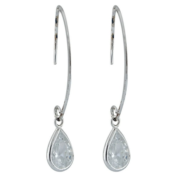 CZ Rhodium over Sterling Silver Pear Bezel Set 1-1/2" Drop Earrings