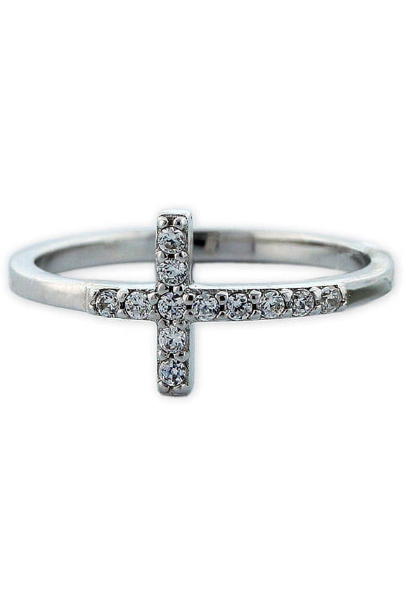 CZ Rhodium over Sterling Silver Sideways Cross Ring