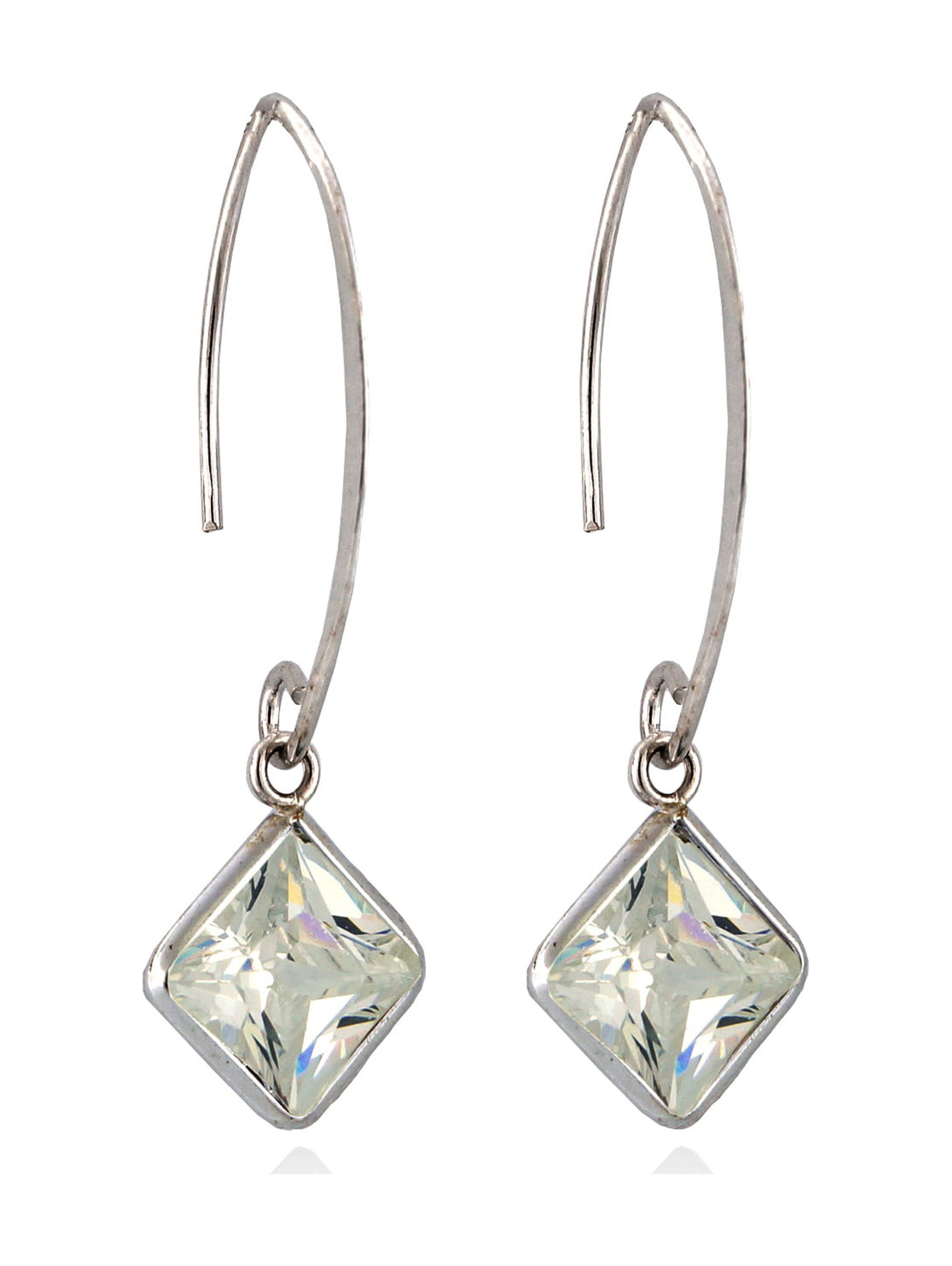 Women'S Brass Silver - Toned Rhodium Plated Cz Studded Handcrafted Geometric Drop Earrings