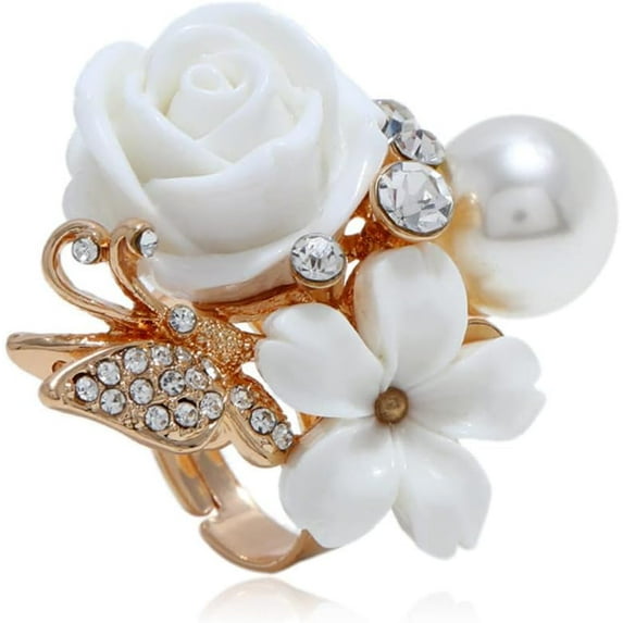 CZ Rose Flower Wedding Ring for Women Statement Engagement Round Rhinstone Crystal Aryclic Daisy Plumeria Adjustable Open Wrap Finger Rings Comfort Fit Cocktail Party Valentine Jewelry
