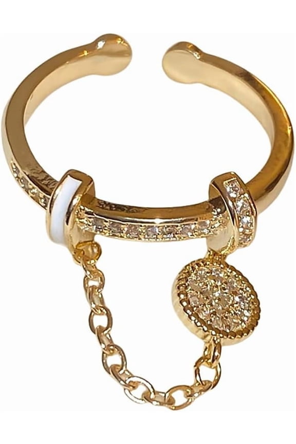 CZ Round Chain Promise Statement Ring for Women Silver Gold-Toned Dainty Crystal Disc Tassel Dangle Drop Open Wrap Finger Rings Adjustable Comfort Fit Fashion Wedding Birthday Holiday Jewelry
