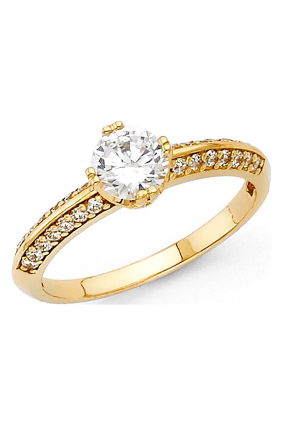 CZ Round Engagement Ring 14k Yellow Gold Anniversary Solitaire CZ Ring Side Stones Band Size 6