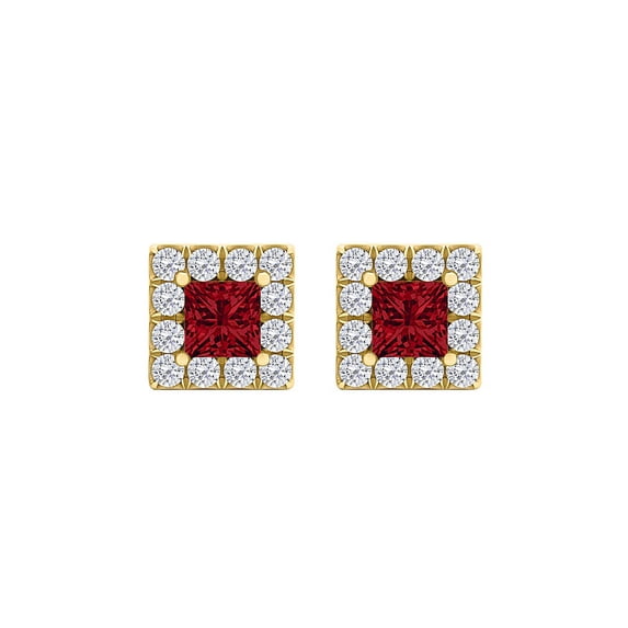 CZ Ruby Smart Square Halo Stud Earrings 14K Yellow Gold
