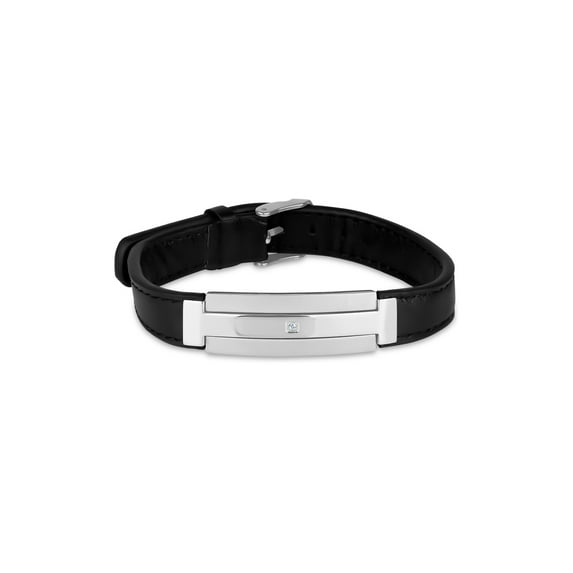 CZ Satin ID 316L Stainless Steel Leather Buckle Bracelet, 9"