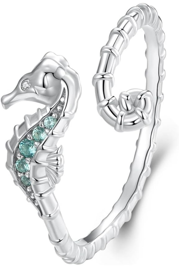 CZ Seahorse 925 Sterling Silver Adjustable Ring for Women Fashion Stacking Expandable Natural Marine Crystal Ocean Sea Animal Statement Open Wrap Finger Rings Dainty Birthday Party Jewelry Gift