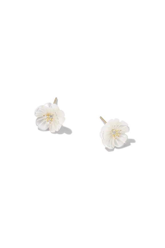 CZ Shell Pearl Flower Stud Earrings for Women S925 Sterling Silver Floral Cartilage Studs