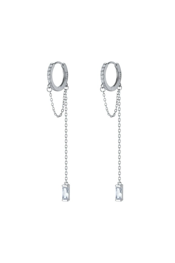 CZ Small Hoop Earrings Sterling Silver Crystal Threader Tassel Dangle Earrings for Women