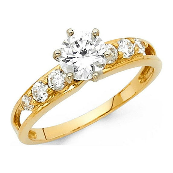 CZ Solitaire Round Engagement Ring 14k Yellow Gold Anniversary CZ Ring Pave Side Stones Band Size 5.5