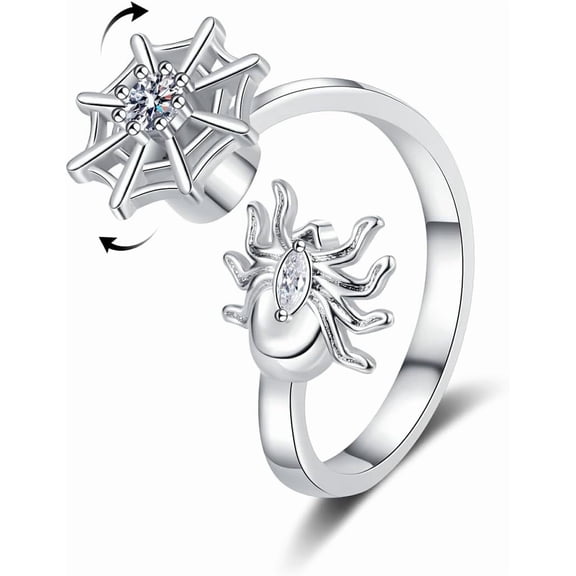 CZ Spider Net Fidget Spinner Open Ring for Women Silver Plated Anxiety Rotate Stress Relief Cubic Zirconia Band Finger Rings Adjustable Stacking Comfort Fit Crystal Animal Punk Halloween Jewelry