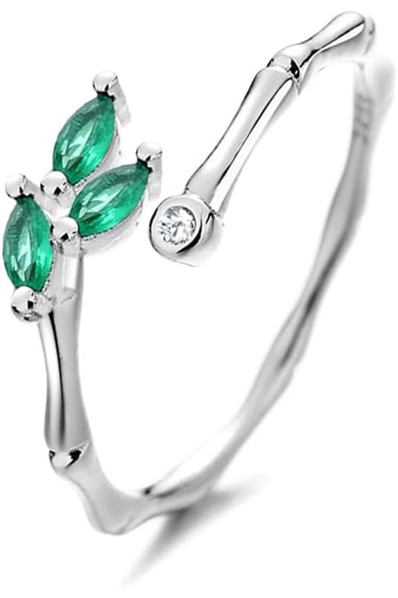 CZ Spring Leaf 925 Sterling Silver Adjustable Ring for Women Green Crystal Leaves Statement Stacking Open Band Finger Rings Comfort Fit Dainty Birthday Holiday Jewelry Gift