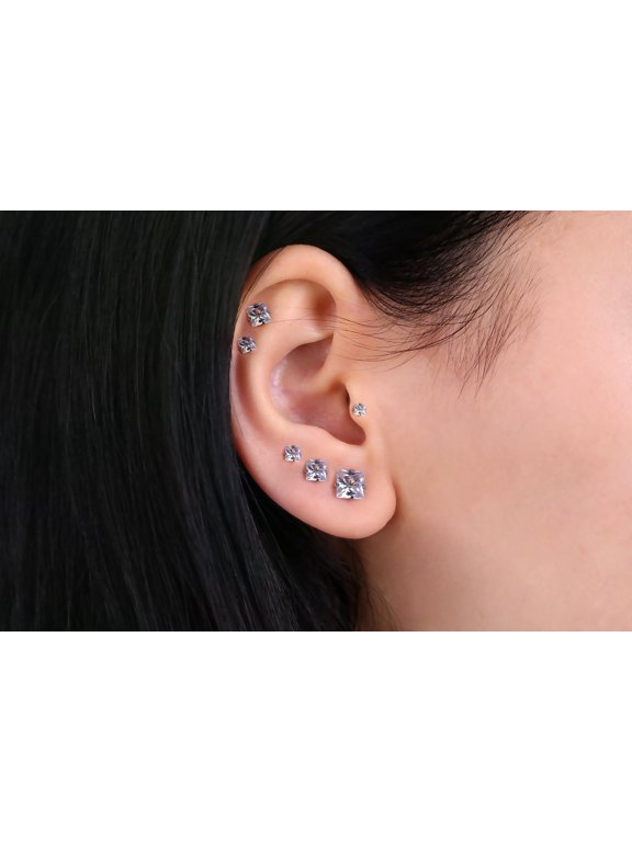 CZ Square Studs-Silver Four Prong Sparkle Studs-Clear CZ Stud Earrings-Cubic Zirconia Studs Guys Stud Earrings Men earring bis stone stud