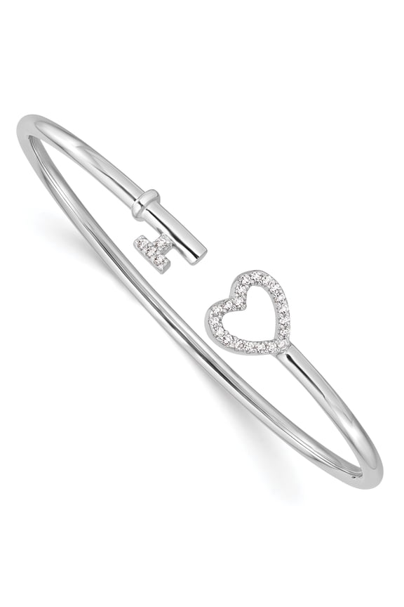 CZ Sterling Silver Heart and Key Flexible Slip On Bangle Bracelet