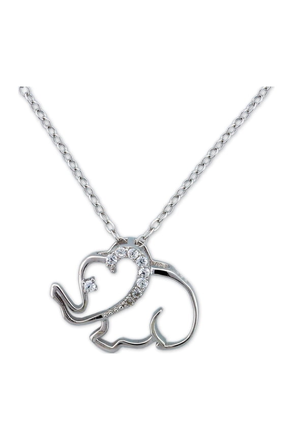 CZ Sterling Silver Outlined Elephant Pendant, 18"